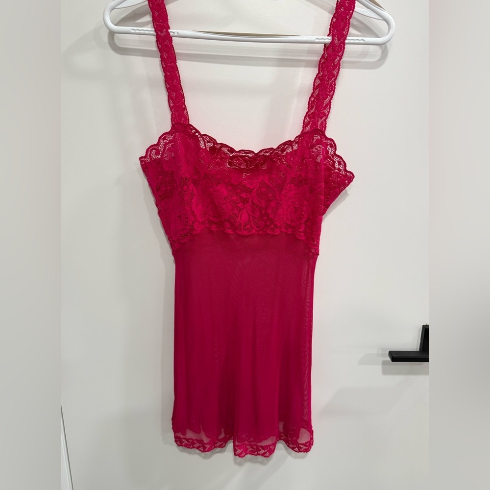 Victoria’s Secret Sheer Mesh Slip Dress BabyDoll Hot Pink Lace Trim Y2K Size XS